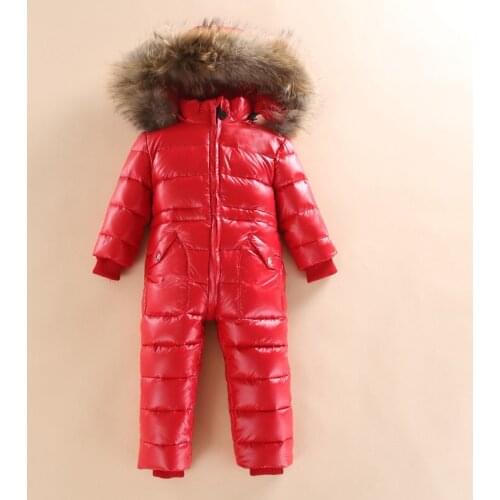 Winter Baby Boys Girls Real Fur Hooded Ski Suit Rompers 80% White Duck Down Ski Suit Baby Clothes Snowsuit Outdoor Kids Jumpsuit