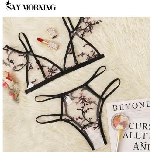 SAY MORNING New sexy womens lingerie lace mesh embroidery wire free comfortable bra set sexy perspective lace thong underwear
