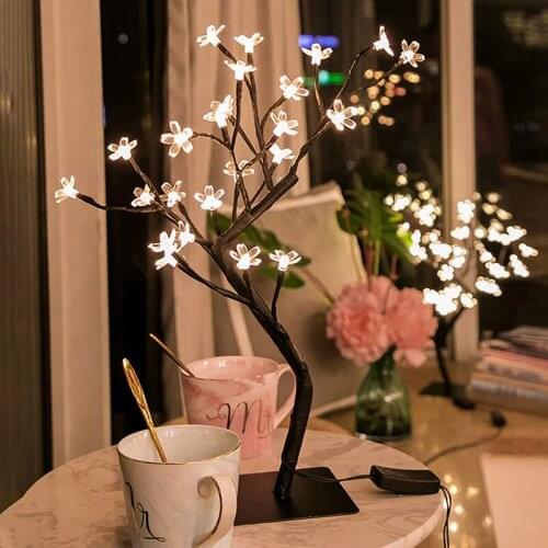 NEW Cherry Tree Desktop Bonsai Lights USB Night Light 36/48 LED Crystal Flower Table Lamp for Bedroom Wedding Christmas Decorate