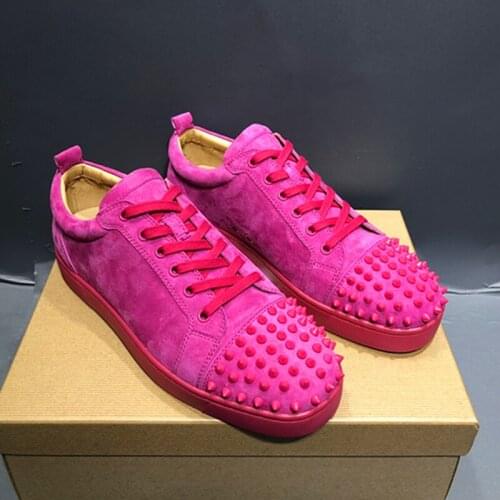 Leather Suede Leisure Men Shoes Rose Red Front Rivets Lace-Up Hand-made Round Toe Low Heel Comfortable Shallow Luxury Sneakers