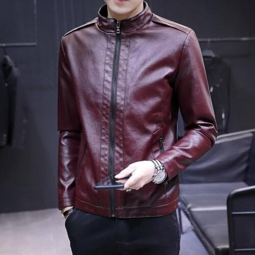 Spring Mens Faux Leather Jackets Korean Style Slim Youth Motorcycle PU Leather Coats Autumn Casual Stand Collar Handsome Jacket
