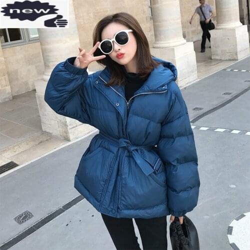 Fashion Blue Tight Waist Thick Down Cotton Winter New Jacket Coat Women Plus size Hooded Warm Female Padded Overcoat
