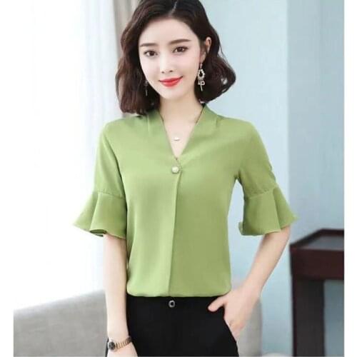 Fashion Summer Short Sleeve Women Shirts Clothes Fashion Womens Tops and Blouses Solid Green V-neck Chiffon Blouse Office Shirt