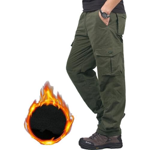 Mens Winter Thicken Fleece Cargo Pants Double Layer Straight Pants Men Casual Cotton Military Tactical Baggy Pant Warm Trousers