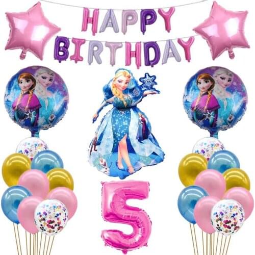 Frozen 2 Elsa Disney Princess Themed Balloon Set Girl Happy Birthday Party Decoration Pentagram Round Sequin Snowball Balloon