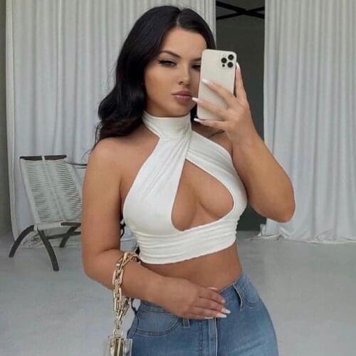 2021 New Hollow-out Wrapped Breast Lady On Clothes Sexy Back Hanging Neck Sleeveless Vest T Shirt Fashion Trend Womens Clothing