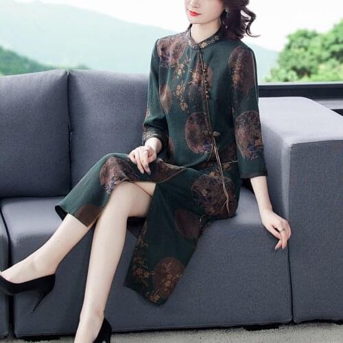 2021 Spring New Green Floral Silk Vintage Midi Dress Casual 4XL Plus Size Embroidery Vestidos Women Elegant Bodycon Party Dress