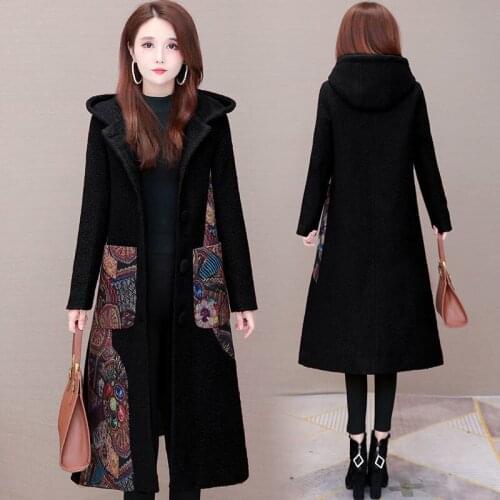 2020 Autumn Winter New Printed Woolen Coat Female Long Large size Wool Jacket Middle-aged Mother Fashion Hooded Overcoat B524