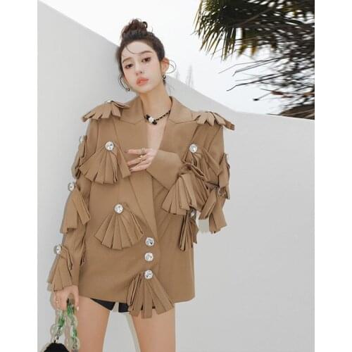 Women Coat Tailored Spring Autumn Tassel Diamonds Long Turn-down Collar Full Spring Autumn High Street Office Lady Women Coat