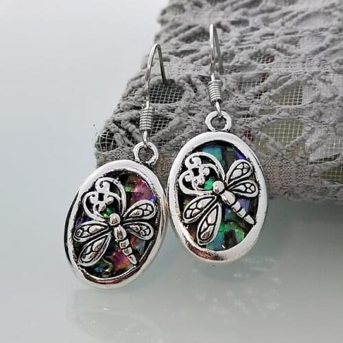 Creative Womens Abalone Shell and Sterling Silver colour Dragonfly Oval Drop Earrings For Proposal Anniversary Wedding Jewelry