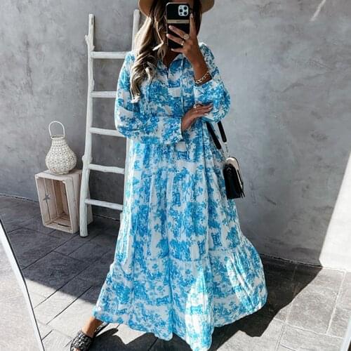 Spring Summer Long Sleeve Ladies Dress Sexy V Neck Drawstring Long Party Dress Women Vintage Floral Print Loose Maxi Beach Dress