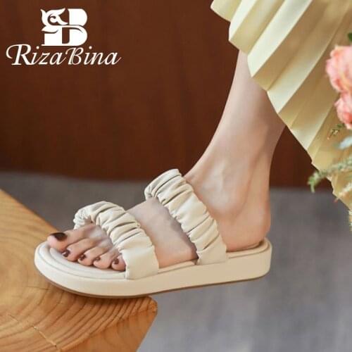 RIZABINA New Women Real Leather Shoes Slippers Platform Flip Flops Mixed Color Pleated Summer Fashion Ladies Footwear Size 34-40