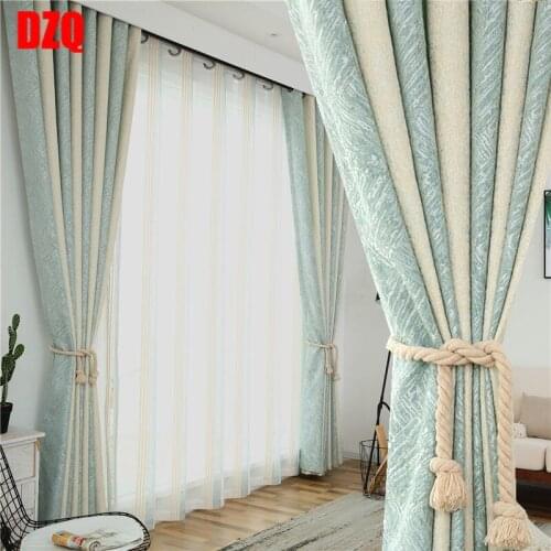 Striped Nordic Style Blue-green Curtains for Living Room Shade Chenille Thickened Warmth and Cold-proof Curtains