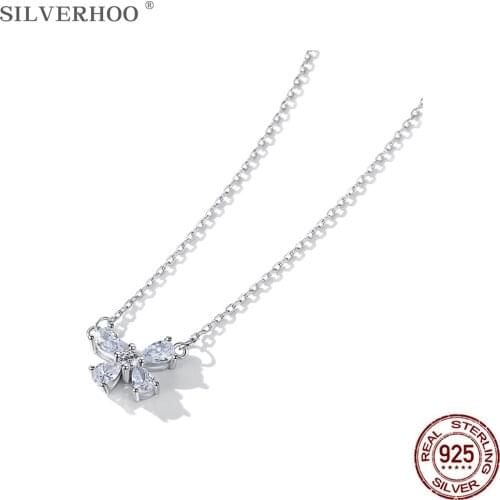 SILVERHOO Genuine 925 Sterling Silver Cute Butterfly Pendant Necklaces Clear Water Drop Zircon Choker Necklace For Women Jewelry