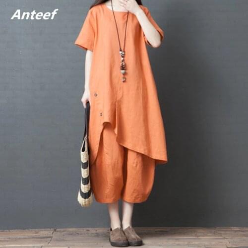 Linen vintage plus size 2 two piece set women casual loose midi summer dress elegant clothes 2021 ladies dresses wide leg pants