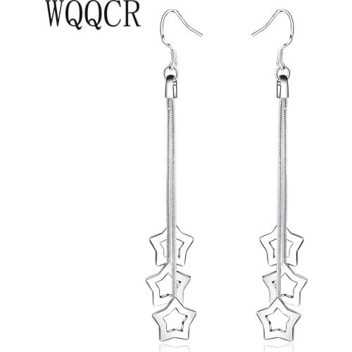 WQQCR New Product New 925 Silver Jewelry Fashion Lady Noble Tassel Pentagram Silver Long White Hook Dangle Earrings Lady Gift