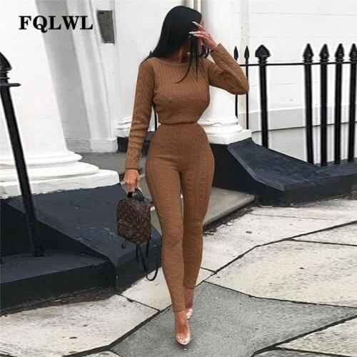 FQLWL Casual Warm Kintted Winter Suit Women Outfits O Neck Black Pink Long Sleeve 2 Piece Set Women Sweater Top + Knitted Pants