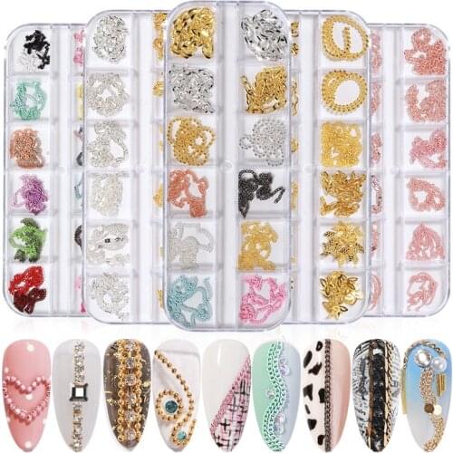12 Grid Mixed Style Nail Chain Jewelry for DIY Art Decoration Fashion Metal Nails Accessories for Manicure Design