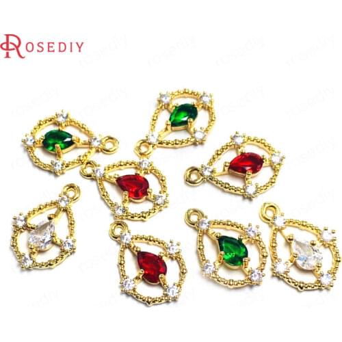 38789)10PCS 12.5x17MM 24K Champagne Gold Color Brass and Zircon Drop Shape Charms Pendants Jewelry Making Diy Findings