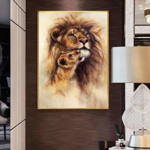 MUTU Abstract Animal Lioness and Her Baby Cub Canvas Art Painting Posters and Prints Cuadros Wall Art Picture for Living Room
