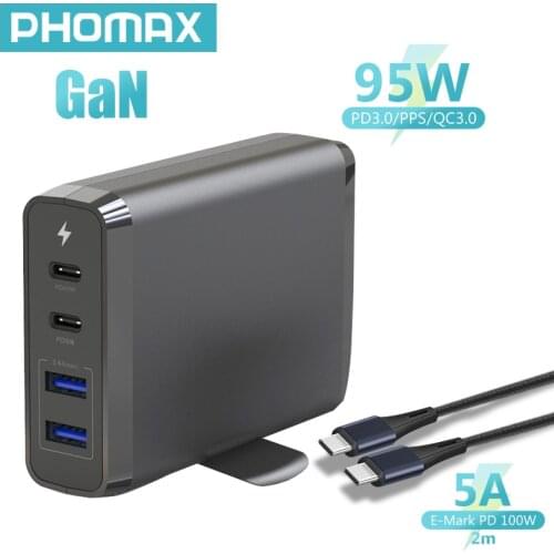 PHOMAX 95W EU/US/UK Power Adapter 4-Port PD/QC Fast Charger With 2 m Cable For Macbook Pro Xiaomi Laptop IPhone Samsung Tablets