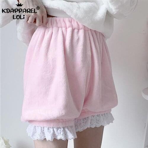 Plus Velvet Shorts Leggings Winter Fall Lolita Girls Cute Women Warm Plush Lace Bloomers Lantern Pants Pink Female Spring Autumn