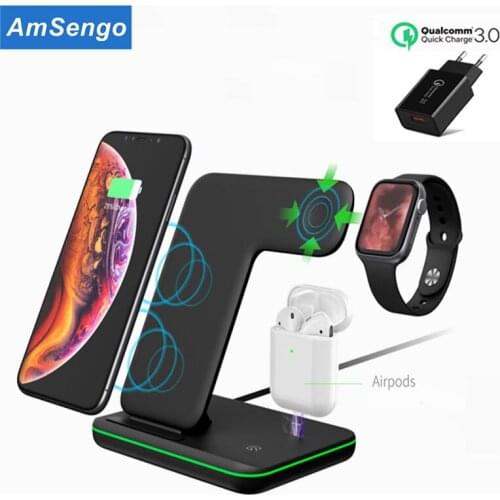 Wireless Charger Stand 3 in 1 Qi 15W Fast Charging Dock Station for Apple Watch iWatch 6 5 4 AirPods Pro iPhone 12 11 XS XR X 8