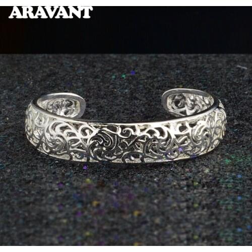 925 Silver Hollow Pattern Open Cuff Bracelet&Bangle For Woman Wedding Party Silver Jewelry