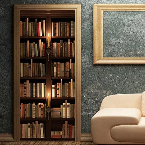 Door Decoration Wallpaper 3D European Retro Bookshelf Poster Mural Self-adhesive Vinyl Decal Home Decor DoorPoster deursticker