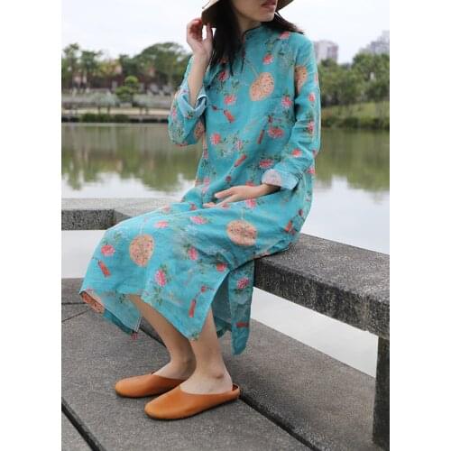 Elegant Frog Buttons Stand Collar Flower Print Pure Ramie Linen Dress, Spring Autumn Long Sleeve Classical Cheongsam Style Robe