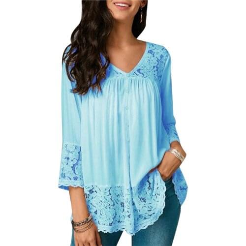 New Fashion Women Solid Color Tshirts Casual Loose Plus Size Clothes Lace Patchwork V Neck 3/4 Sleeve Lady Office T-Shirt