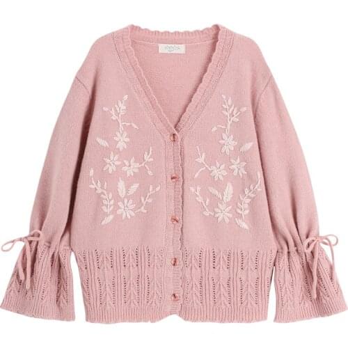 Forest Mori Girl Cottagecore Fairy French Women Hand Crochet Embroidered Knitted Cardigan Flare Sleeve Loose Knit Wool Sweater