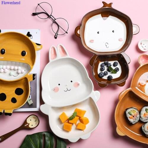Cute Animal Ceramic Tableware Grid Plate Childrens Plate Set Home Creative Meal Bowl Baby Complementary Food Set