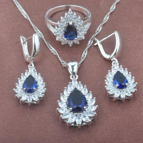 Silver Color Jewelry Set Natura Water Drop Blue Zircon Wedding Jewelry Necklace Pendant Earrings Ring TZ0394