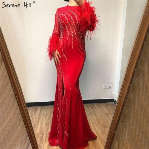 Dubai Red O-Neck Sequined Beading Evening Dressese Feathers Long Sleeves Mermaid Formal Dress 2020 Serene Hill LA70379