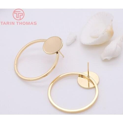 4PCS 30x35MM 24k Gold Color Brass Round Stud Earrings DIY High Quality Jewelry Findings Accessories