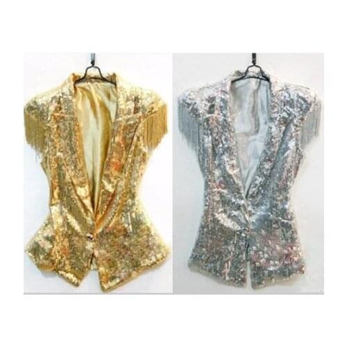 Fashion singer performance Ds lead dancer clothing female male silver gold sequins vest jacket tassel jazz dancer costume top