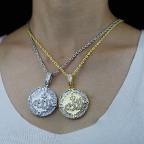 High Quality Round Allah Pendant Necklaces For Women Men Iced Out Bling Baguette Cubic Zirconia CZ Coin Arabic Necklace