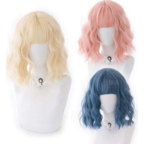 4 Colors Harajuku Lolita Wig Short Curly Hair Sweet Curls Blonde Pink Orange Blue Wavy Synthetic Bangs Adult Girls Princess