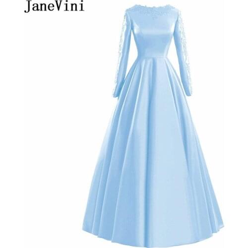 JaneVini Elegant Light Sky Blue Long Bridesmaid Dresses with Sleeves A Line Appliques Satin Sweep Train Simple Formal Prom Gowns