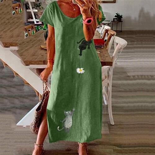 Dresses For Women 2021 Fashion Women Plus Size O-Neck Cotton And Linen Cat Print Open Fork Long Dress Loose Elegant Maxi Dress