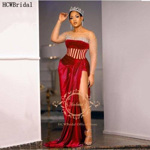 Sexy Dark Red 2021 Evening Dress See Through High Slit Illusion Glitter Beads Velour Black Women Pageant Occasion Party Gowns