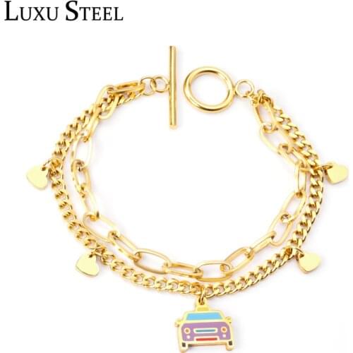 LUXUSTEEL Female Bracelets Stainless Steel Bus Pendants New Style Gold Color Double Chain Bracelets Bangles Accessories Party