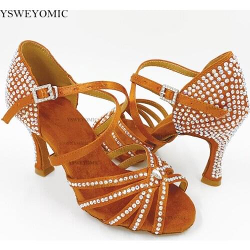 2020 Women Bachata Salsa Latin Dance Shoes Rhinestones Tan Satin Customized Heel Heel 10cm Suede Outsole Dance Shoes