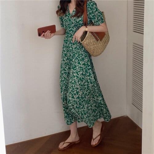2020 Women Summer Vintage Green Long Floral Dress Sexy V Neck High Waist Pullover Midi Sundress