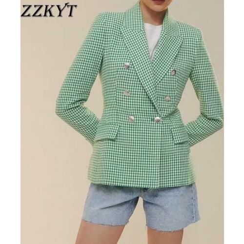 ZZKYT 2021 Women Spring Vintage Plaid Double Breasted Jacket Coat Fashion Pockets Lapel Collar Office Lady Female Outerwear Tops