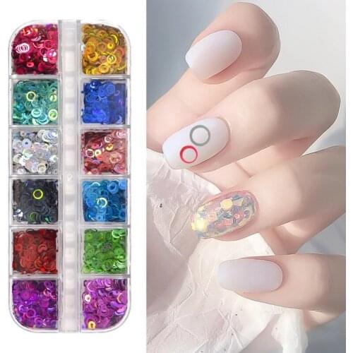 12 Grids/Box Mix Size Holo Circle Sequins Nail Glitter Dreamlike Rainbow Round Paillette Nails Art Slice Decoration Decals Set