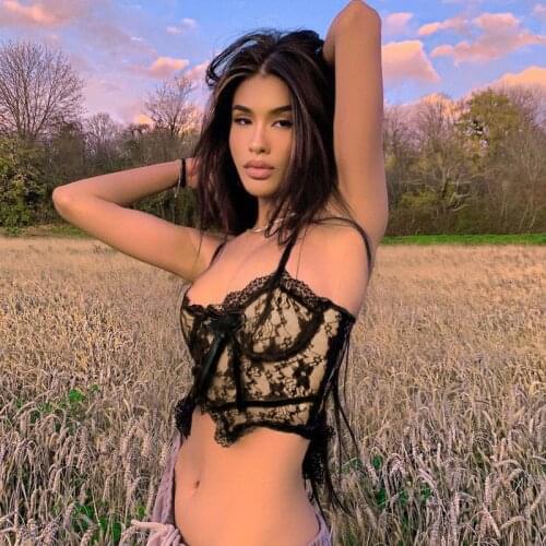 2021 Goth Aesthetic Lace Crop Tops Women Back Zip Up Dark Academia E Girl Clothes Double Layer V Neck Sexy Cami Top