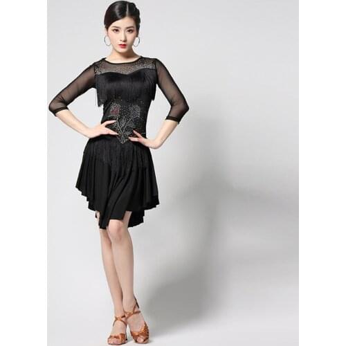 2021 New L67 Latin Dance Dress Women Half Sleeve Tassel Lotus Design Performance Costume Waltz Tango Latino Dancewear