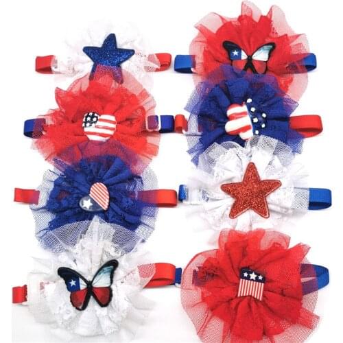 50pcs Hand-made Independence Day Lace Bowties Adjustable Flower Dog Bowties Dog Accessories for Small Dog Pet Products